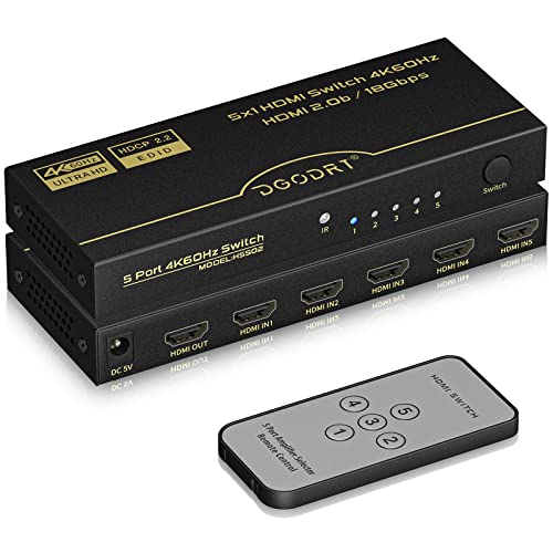 HDMI Umschalter 5 in 1 Out, HDMI Switch 4K@60Hz mit Fernbedienung und Automatische Umschaltung, für HDTV/DVD/Xbox/PS3/PS4/Projektor/Blu-Ray von DGODRT