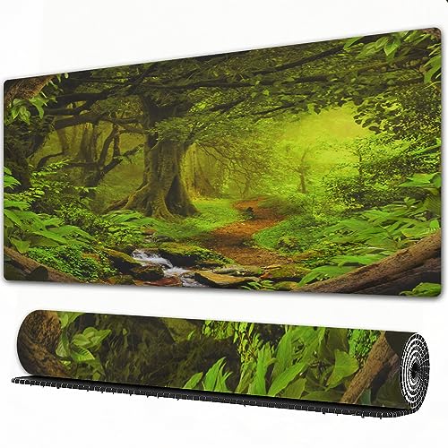 Gaming Mauspad XXL 900 x 400 x 3 mm Wald Natur Baumhöhle Nebelwald Bach durch Regenwald Landsch verlängertes großes Mauspad, rutschfeste Gummiunterseite, genähten Kanten, wasserdicht,Gaming,Heimbüro. von DHAEY