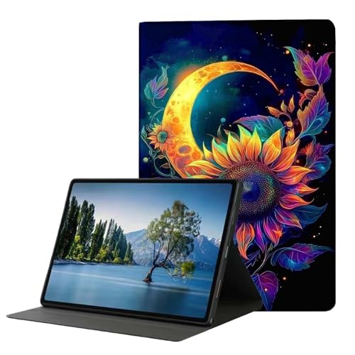 DHEEBFWE Schutzhülle für Samsung Galaxy Tab A 10.1 (2019, SM-T510/T515/T517). Hochwertige Lederhülle mit automatischer Wake-/Sleep-Funktion, mehrere Betrachtungswinkel, Mond-Sonnenblume von DHEEBFWE