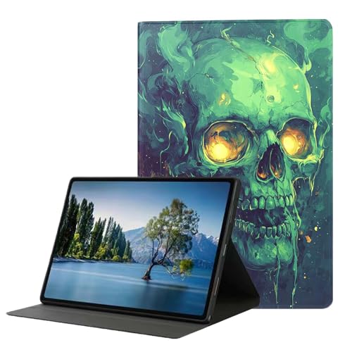 DHEEBFWE Schutzhülle für Samsung Galaxy Tab A 8.0 2017 (SM-T380/T385). Hochwertige Lederhülle mit automatischer Wake-/Sleep-Funktion, mehrere Betrachtungswinkel, grüne Totenköpfe von DHEEBFWE