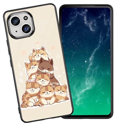 DHEEBFWE Schutzhülle für iPhone 13, stoßfest, kratzfest, weiches Silikon, mit organischer Glasrückseite, langlebige Schutzhülle für iPhone 13, 15,5 cm (6,1 Zoll) (2021), gestapeltes Katzen-Design von DHEEBFWE