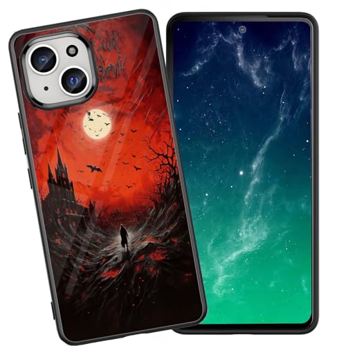 DHEEBFWE Schutzhülle für iPhone 13, stoßfest, kratzfest, weiches Silikon, mit organischer Glasrückseite, langlebige Schutzhülle für iPhone 13, 15,5 cm (6,1 Zoll) (2021), rotes Blutfledermaus-Schloss von DHEEBFWE