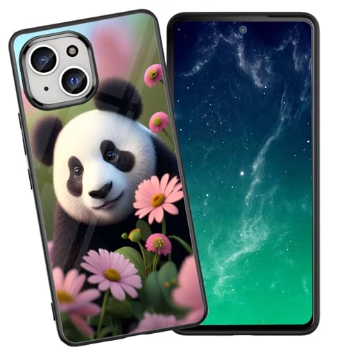 DHEEBFWE Schutzhülle für iPhone 13 Mini, stoßfest, kratzfest, weiches Silikon, mit organischer Glas-Rückseite, langlebige Schutzhülle für iPhone 13 Mini 5,4 Zoll (2021), Panda-Blumen-Design von DHEEBFWE
