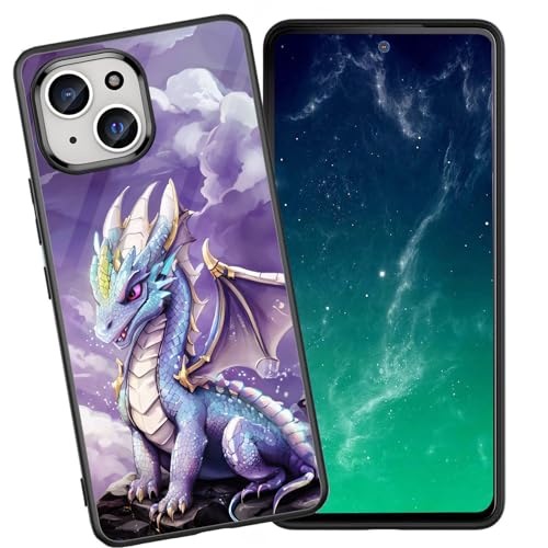 DHEEBFWE Schutzhülle für iPhone 13 Mini, stoßfest, kratzfest, weiches Silikon, mit organischer Glas-Rückseite, langlebige Schutzhülle für iPhone 13 Mini 5,4 Zoll (2021), blaues Cartoon-Drachen-Design von DHEEBFWE