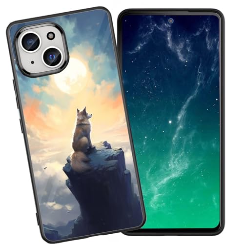 DHEEBFWE Schutzhülle für iPhone 13 Mini, stoßfest, kratzfest, weiches Silikon, mit organischer Glasrückseite, langlebige Schutzhülle für iPhone 13 Mini 5,4 Zoll (2021), Mond- und Hunde-Design von DHEEBFWE
