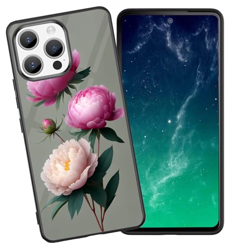 DHEEBFWE Schutzhülle für iPhone 13 Pro, stoßfest, kratzfest, weiches Silikon, mit organischer Glasrückseite, langlebige Schutzhülle für iPhone 13 Pro 15,5 cm (6,1 Zoll), Pfingstrosen-Design, Rosa von DHEEBFWE