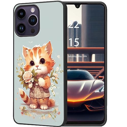 DHEEBFWE Schutzhülle für iPhone 13 Promax 17 cm (6,7 Zoll), weiche, mattierte TPU-Hülle, stoßdämpfend, kratzfest, langlebig, niedliche Katze und Blumen von DHEEBFWE