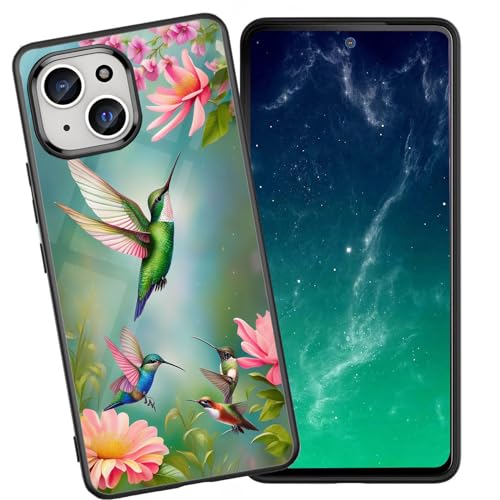 DHEEBFWE Schutzhülle für iPhone 14, stoßfest, kratzfest, weiches Silikon, mit organischer Glasrückseite, langlebige Schutzhülle für iPhone 14, 15,5 cm (6,1 Zoll) (2022), Kolibri und Blumen-Design von DHEEBFWE