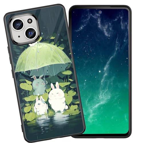 DHEEBFWE Schutzhülle für iPhone 14, stoßfest, kratzfest, weiches Silikon, mit organischer Glasrückseite, langlebige Schutzhülle für iPhone 14 6,1 Zoll (2022), niedliches Kaninchen-Design von DHEEBFWE