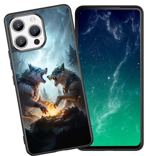 DHEEBFWE Schutzhülle für iPhone 14 Pro, stoßfest, kratzfest, weiches Silikon, mit organischer Glasrückseite, langlebige Schutzhülle für iPhone 14 Pro 15,5 cm (6,1 Zoll), Wolfskampf-Design von DHEEBFWE