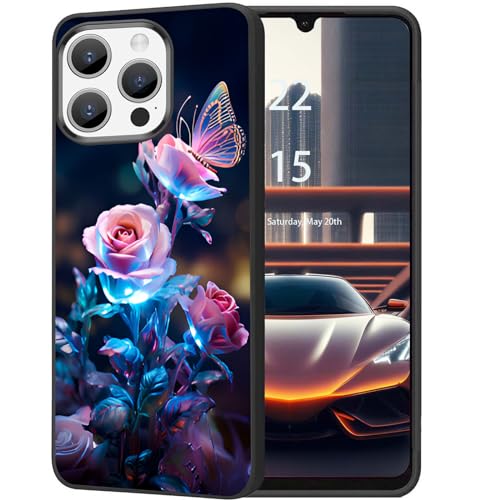 DHEEBFWE Schutzhülle für iPhone 14 Pro, ultradünn, Silikon, weich, mattiert, TPU-Hülle, stoßdämpfend, kratzfest, Schutzhülle für iPhone 14 Pro 15,5 cm (6,1 Zoll), blaue Rose und Schmetterlinge von DHEEBFWE
