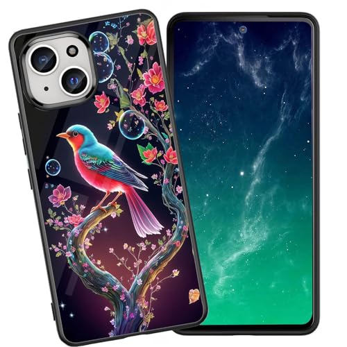 DHEEBFWE Schutzhülle für iPhone 15 Plus, stoßfest, kratzfest, weiches Silikon, mit organischer Glasrückseite, langlebige Schutzhülle für iPhone 15 Plus 17,7 cm (6,7 Zoll) (2023), Vogelblumen-Design von DHEEBFWE