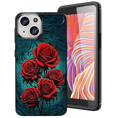 DHEEBFWE Schutzhülle für iPhone 15 Plus (2023) 16,3 cm (6,4 Zoll), Kohlefaser, dünn, weich, TPU, gebürstete Textur, stoßdämpfend, rutschfest, Blumen-Rosen-Design von DHEEBFWE