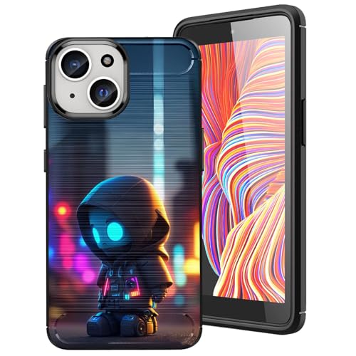 DHEEBFWE Schutzhülle für iPhone 15 Plus (2023) 16,3 cm (6,4 Zoll), Kohlefaser, dünn, weich, TPU, gebürstete Textur, stoßdämpfend, rutschfest, Cartoon-Roboter-Design von DHEEBFWE