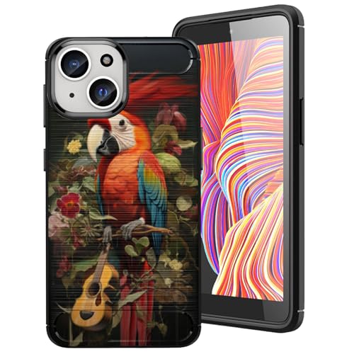 DHEEBFWE Schutzhülle für iPhone 15 Plus (2023) 16,3 cm (6,4 Zoll), Kohlefaser, dünn, weich, TPU, gebürstete Textur, stoßdämpfend, rutschfest, Papageien-Gitarren-Design von DHEEBFWE