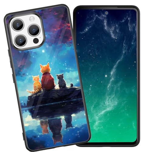 DHEEBFWE Schutzhülle für iPhone 15 Pro, stoßfest, kratzfest, weiches Silikon, mit organischer Glasrückseite, langlebige Schutzhülle für iPhone 15 Pro 15,5 cm (6,1 Zoll), Katzen- und Sternen-Design von DHEEBFWE