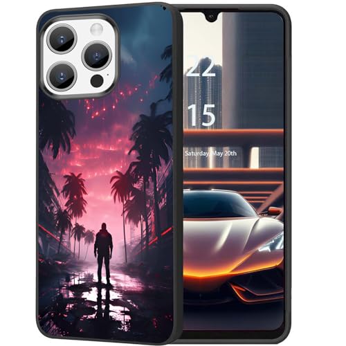 DHEEBFWE Schutzhülle für iPhone 15 Pro, ultradünn, Silikon, weich, mattiert, TPU, stoßdämpfend, kratzfest, für iPhone 15 Pro 15,5 cm (6,1 Zoll), Retro-SciFi-Straßenpalmen-Design von DHEEBFWE