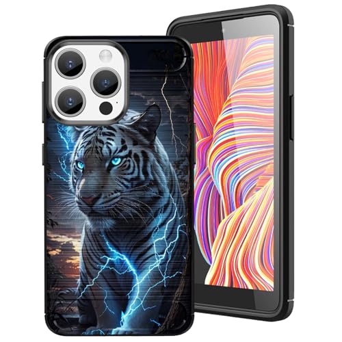 DHEEBFWE Schutzhülle für iPhone 15 Promax (2023), 17,3 cm (6,8 Zoll), Karbonfaser, dünn, weich, TPU, gebürstete Textur, stoßdämpfend, rutschfest, Motiv: weißer Tiger von DHEEBFWE