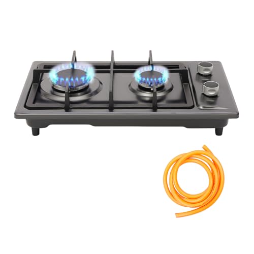 Gasherd, Gaskocher 2 Flammig mit Gas Pipe und Pressure Reducing Valve, 3KW+1.75KW Gaskochfeld für Küche, Büro oder Camping, 2800 Pa Kochplatte Elektrisch für Propan und Erdgas (Schwarz) von DHQCQL
