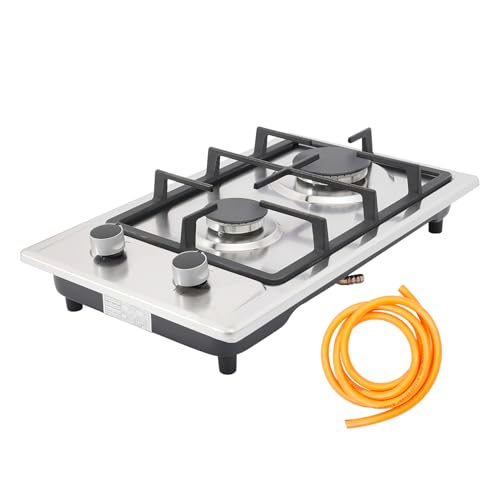Gasherd, Gaskocher 2 Flammig mit Gas Pipe und Pressure Reducing Valve, 3KW+1.75KW Gaskochfeld für Küche, Büro oder Camping, 2800 Pa Kochplatte Elektrisch für Propan und Erdgas (Silber) von DHQCQL