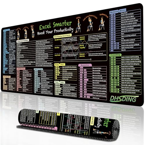 Excel Spickzettel Schreibtischunterlage, großes Mauspad, Gaming, wasserdicht, Spreadsheet Excel Shortcuts, Computer-Schreibtischunterlage für Tastatur und Maus, großes XL-Mauspad, PC, Büro von DHSDING
