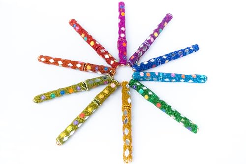 DHYANA 10 schöne bunte Stifte aus Indien - feine Spitze, schnell trocknender Stift mit Perlen und Spiegel - 10 Stifte mit blauer Tinte von DHYANA