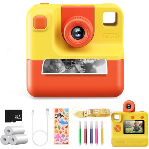 Kinderkamera,1080P Sofortbildkamera Kinder Fotokamera mit 3 Rollen Druckpapier & 32GB Karte, DigitalKamera Geschenk für 3-12 Jahre(Gelb) von DIAMOOKY