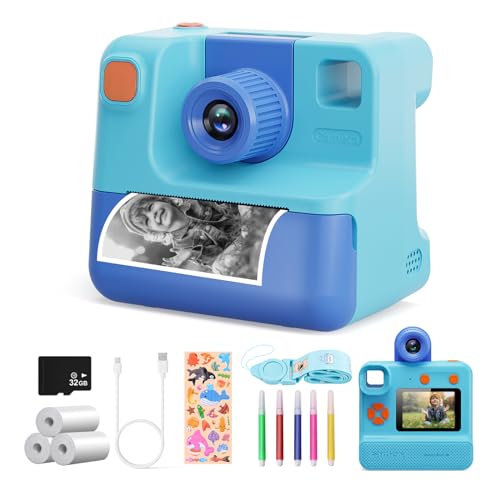 Kinderkamera,1080P Sofortbildkamera Kinder Fotokamera mit 3 Rollen Druckpapier & 32GB Karte, DigitalKamera Geschenk für 3-12 Jahre (Blau) von DIAMOOKY