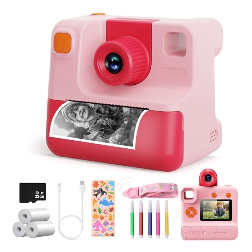 Kinderkamera,1080P Sofortbildkamera Kinder Fotokamera mit 3 Rollen Druckpapier & 32GB Karte, DigitalKamera Geschenk für 3-12 Jahre (Rosa) von DIAMOOKY