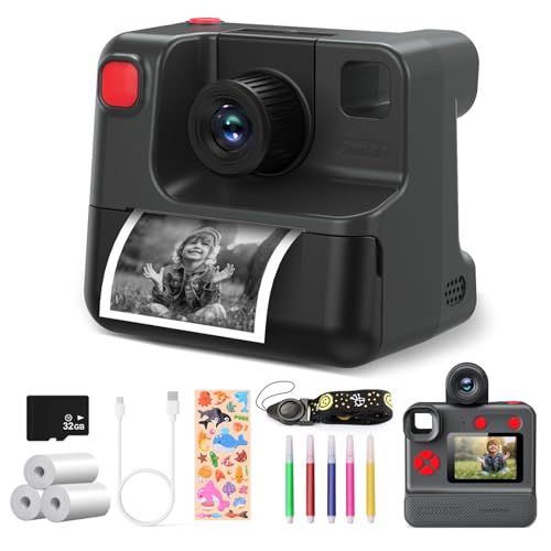 Kinderkamera,1080P Sofortbildkamera Kinder Fotokamera mit 3 Rollen Druckpapier & 32GB Karte, DigitalKamera Geschenk für 3-12 Jahre (Schwarz) von DIAMOOKY