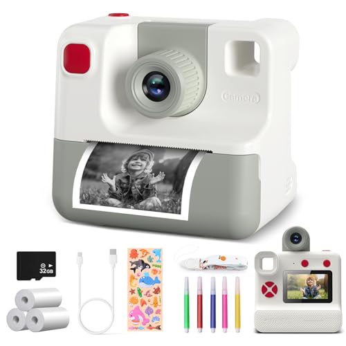 Kinderkamera,1080P Sofortbildkamera Kinder Fotokamera mit 3 Rollen Druckpapier & 32GB Karte, DigitalKamera Geschenk für 3-12 Jahre (Weiß) von DIAMOOKY