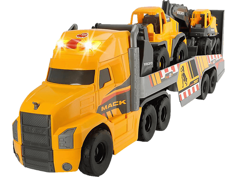 DICKIE-TOYS Mack/Volvo großer LKW mit 2 Volvo Fahrzeugen auf Anhänger, Bagger & Radlader Spielzeugauto Gelb von DICKIE-TOYS