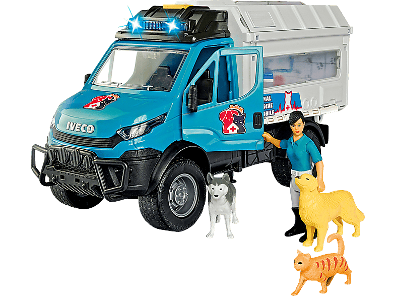 DICKIE-TOYS Tierrettung Set, Iveco Truck, ausklappbare Tierpraxis, Licht & Sound Spielzeugauto Blau von DICKIE-TOYS