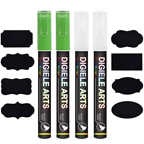 DIGIELE Kreidestift Weiß + Grün, 2 Kreidestifte Weiß + 2 Kreidemarker Grün 3mm + 16 Tafel Labels, Trocken oder Feucht Abwischbare Flüssigkreide, Reversibel Stiftspitze - Whiteboard/Tafel/Fenster/Glas DIGIELE Kreidestift Weiß + Grün, 2 Kreidestifte Weiß + 2 Kreidemarker Grün 3mm + 16 Tafel Labels, Trocken oder Feucht Abwischbare Flüssigkreide, Reversibel Stiftspitze - Whiteboard/Tafel/Fenster/Glas von DIGIELE