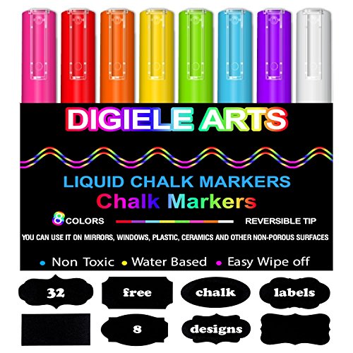 DIGIELE Kreidestift, 8 Stück farbig sortiert mit 32 Tafelaufkleber, Reversible Stiftspitze 3 mm, Trocken oder Feucht Abwischbare Kreidemarker, Nicht-toxisch, sicher und einfach zu bedienen von DIGIELE