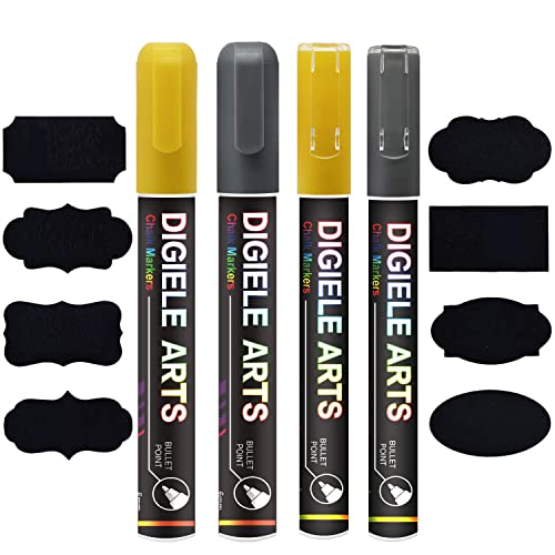 Kreidestift Gold + Silber, DIGIELE 2 Kreidestifte 3mm + 2 Kreidemarker 6mm + 16 Tafel Labels, Trocken und Feucht Abwischbare Flüssigkreide, Reversibel Stiftspitze für Whiteboard, Tafel, Fenster & Glas von DIGIELE