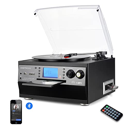 Bluetooth Plattenspieler mit Stereo Lautsprecher, LP Vinyl zu MP3 Konverter, 3 Geschwindigkeit Schallplattenspieler mit CD Spielen, Radio Empfang und Fernbedienung Funktion von DIGITNOW
