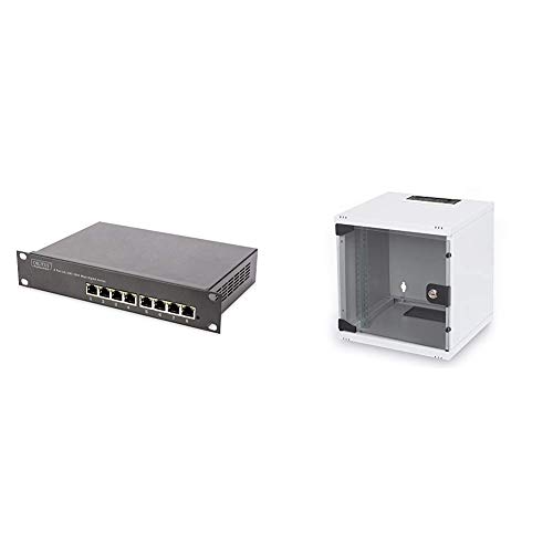 DIGITUS 10-Zoll - Gigabit-Ethernet Netzwerk-Switch - 8-Port - Schwarz & Netzwerk-Schrank 6HE - 300 mm Tiefe - Grau von DIGITUS