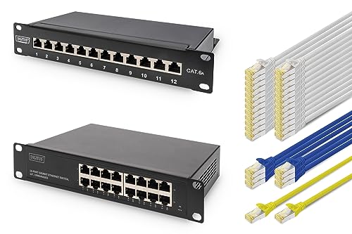 DIGITUS 10 Zoll Netzwerk-Set – 1x 16-Port Gigabit Ethernet Netzwerk-Switch – 1x 12-Port Cat6A Patchpanel – 1x Cat6 Patchkabel Gelb – 3X Cat6 Patchkabel Blau – 12x Cat6 Patchkabel Grau von DIGITUS