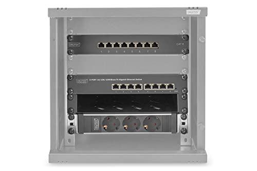 DIGITUS 10-Zoll Set - Netzwerk-Schrank 6HE Schwarz - Fachboden - Steckdosenleiste - 8-Port Patch-Panel - 8-Port Gigabit-Switch von DIGITUS