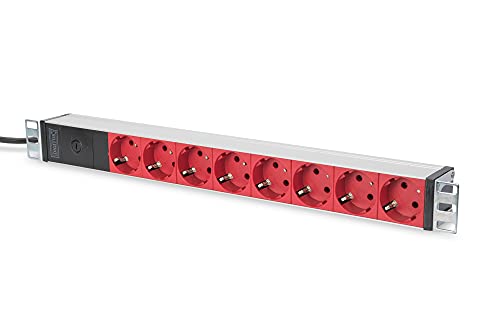 DIGITUS 19" Steckdosenleiste - 8 Abgriffe (rot) - 1HE - 250VAC - 50/60Hz - 16A - 2500W - Vorsicherung für Überlastschutz von DIGITUS