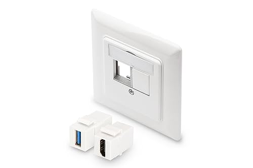 DIGITUS 1x Anschlussdose 2 Port – Auslass Gerade – Für Multimedia Keystone-Module + 1x USB 3.0 Keystone-Kupplung + 1x HDMI 2.0 Keystone-Kupplung – Weiß von DIGITUS