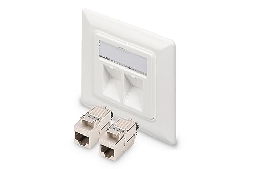 DIGITUS 2-Port Netzwerkdose – 1 Stück – Mit 2X Cat8.1 Keystone-Modul – Auslass 45° Gewinkelt – Mit Staubschutz-Kappe – Weiß von DIGITUS