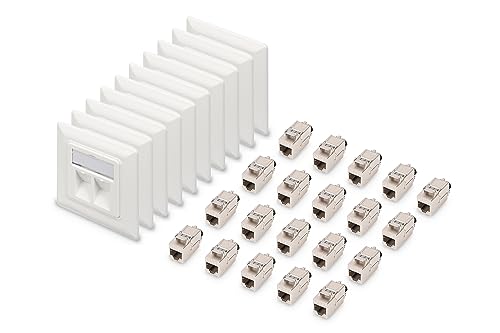 DIGITUS 2-Port Netzwerkdose – 10 Stück – Mit 20x Cat8.1 Keystone-Modul – Auslass 45° Gewinkelt – Mit Staubschutz-Kappe – Weiß von DIGITUS