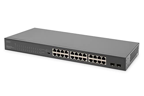 DIGITUS 26 Port Gigabit PoE Ethernet Netzwerk-Switch - Unmanaged - 24 RJ45 Ports + 2 SFP Ports - 370W PoE Budget - 19 Zoll Formfaktor - Schwarz von DIGITUS