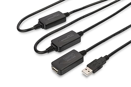 DIGITUS Aktives USB 2.0 Verlängerungskabel, Repeaterkabel, 25 m Länge, USB A Stecker auf USB A Buchse, Plug & Play, Stromversorgung über USB, Schwarz von DIGITUS