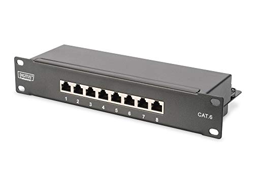 DIGITUS Cat-6 Patchpanel - 8 Ports - RJ45-Buchsen - 10-Zoll Rack-Mount 1HE - LSA Verteilerfeld - Geschirmt - Schwarz von DIGITUS