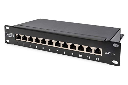 DIGITUS Cat-6A Patchpanel - 12 Ports - RJ45-Buchsen - 10-Zoll Rack-Mount 1HE - LSA Verteilerfeld - Geschirmt, Kompatibel mit Ethernetkabel - Schwarz von DIGITUS