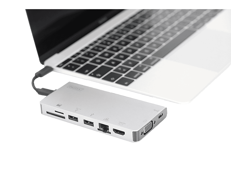 DIGITUS DA-70866 USB Typ-C, HDMI 4K UHD, VGA, USB-C, 3.0, RJ45, PD 3.0 Travel Docking Station, Silber von DIGITUS