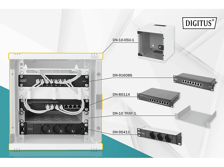 DIGITUS DN-10-SET-1 Wandgehäuse Set 6HE 10Zoll inkl. 8port Switch, Patchpanel, Fachboden und Steckdosenleiste, Lichtgrau von DIGITUS